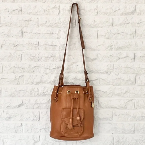 Vintage Dooney & Bourke British Tan Leather Drawstring Bucket Bag - Picture 2 of 14